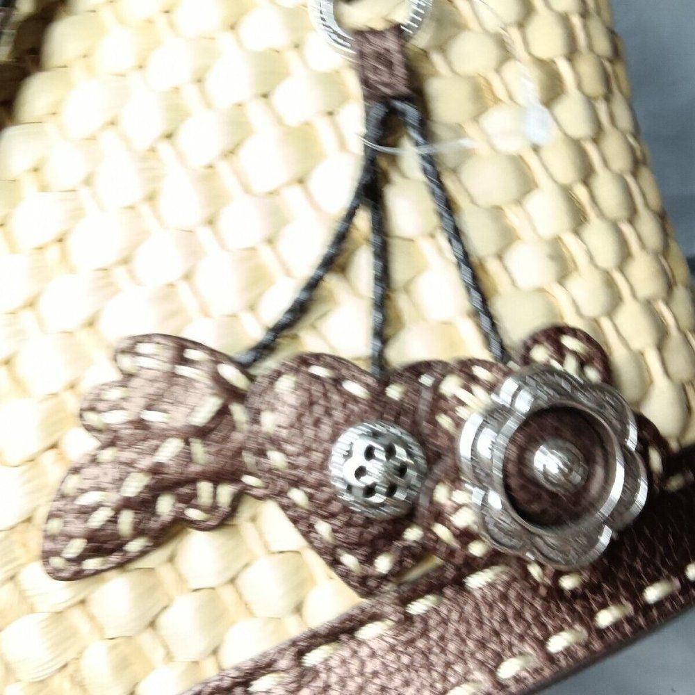 Brighton Straw & Leather Tote Shoulder Bag Silver & Leather Charms Cream & Brown - Picture 6 of 9